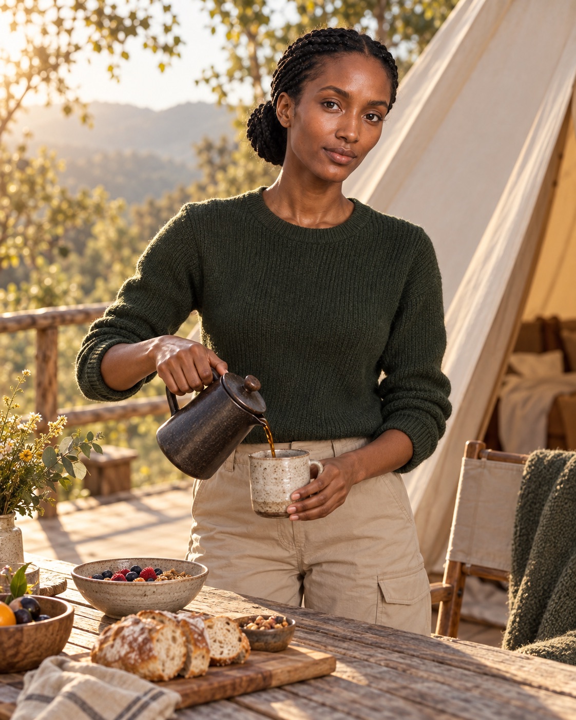 Nasteho Elin beim Glamping-Frühstück