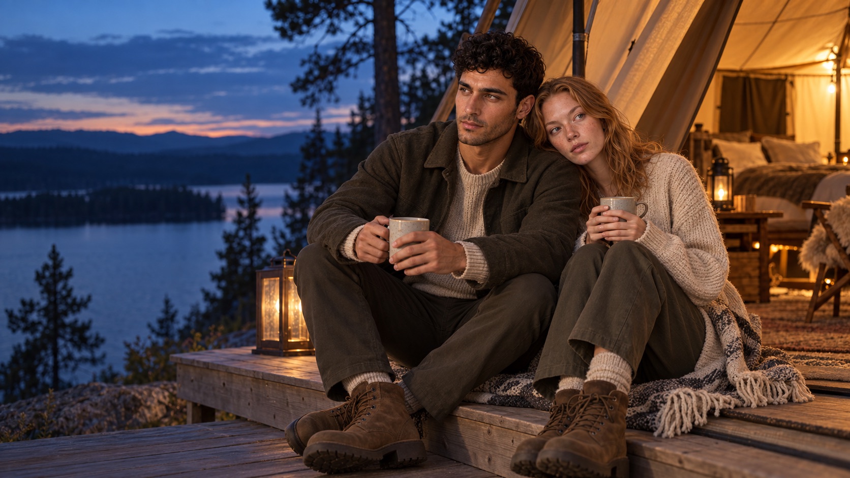 Freja Rune und Luca Maren vor einem beleuchteten Glamping-Zelt am See