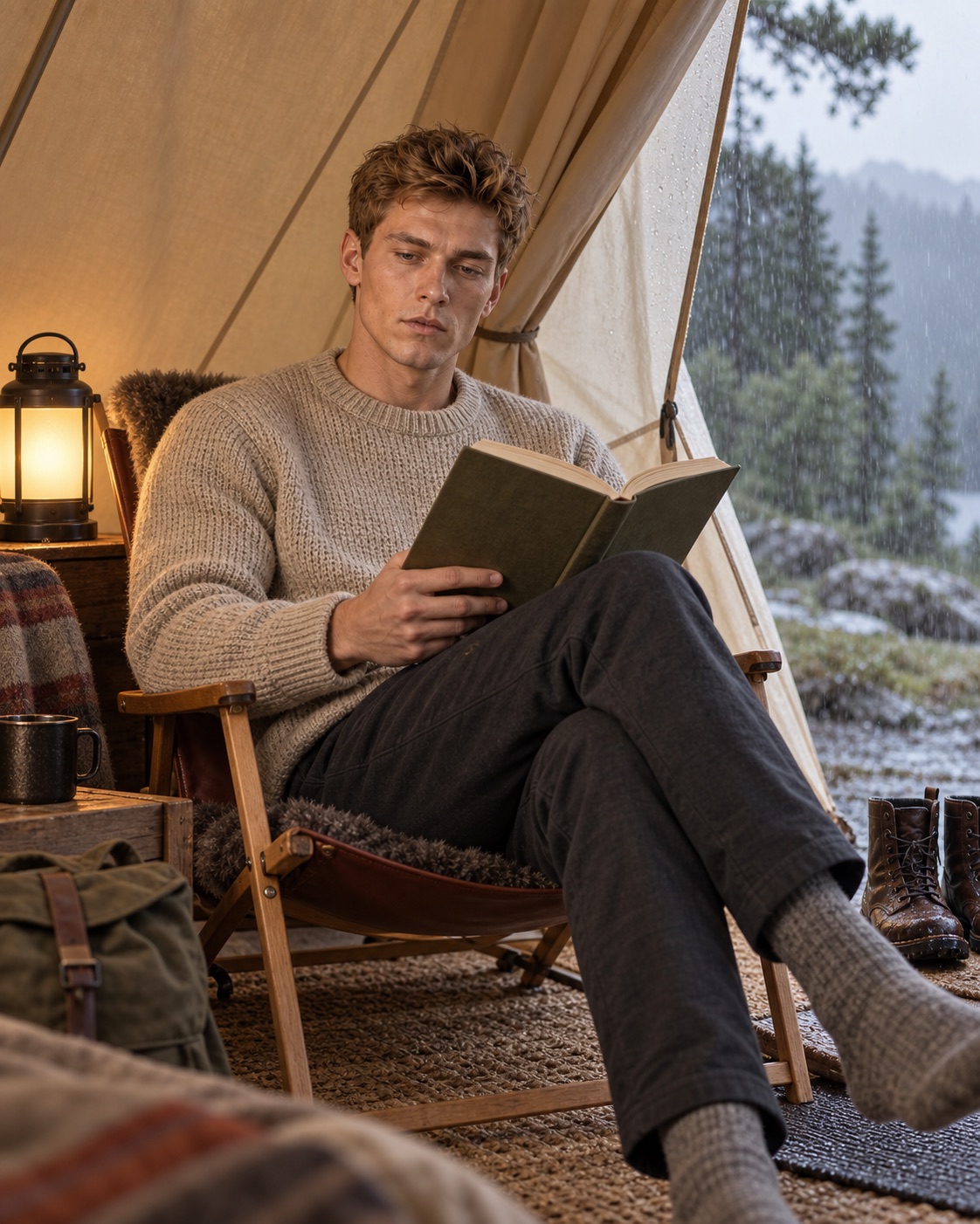 Elias Voss liest entspannt in einem Glamping-Zelt